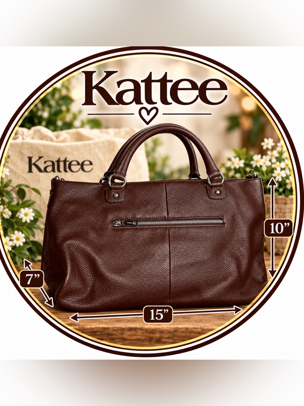 NWT Kattee Genuine Leather Tote Bag Brown Large Shoulder Handbag Purse